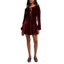 Mini Vestido Free People Terciopelo Con Cordones Borgoña Vino Manga Larga Campana Talla 8