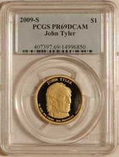 2009-S John Tyler Presidential Dollar ~ PCGS PR-69 ~ Deep Cameo ~ Blue Label