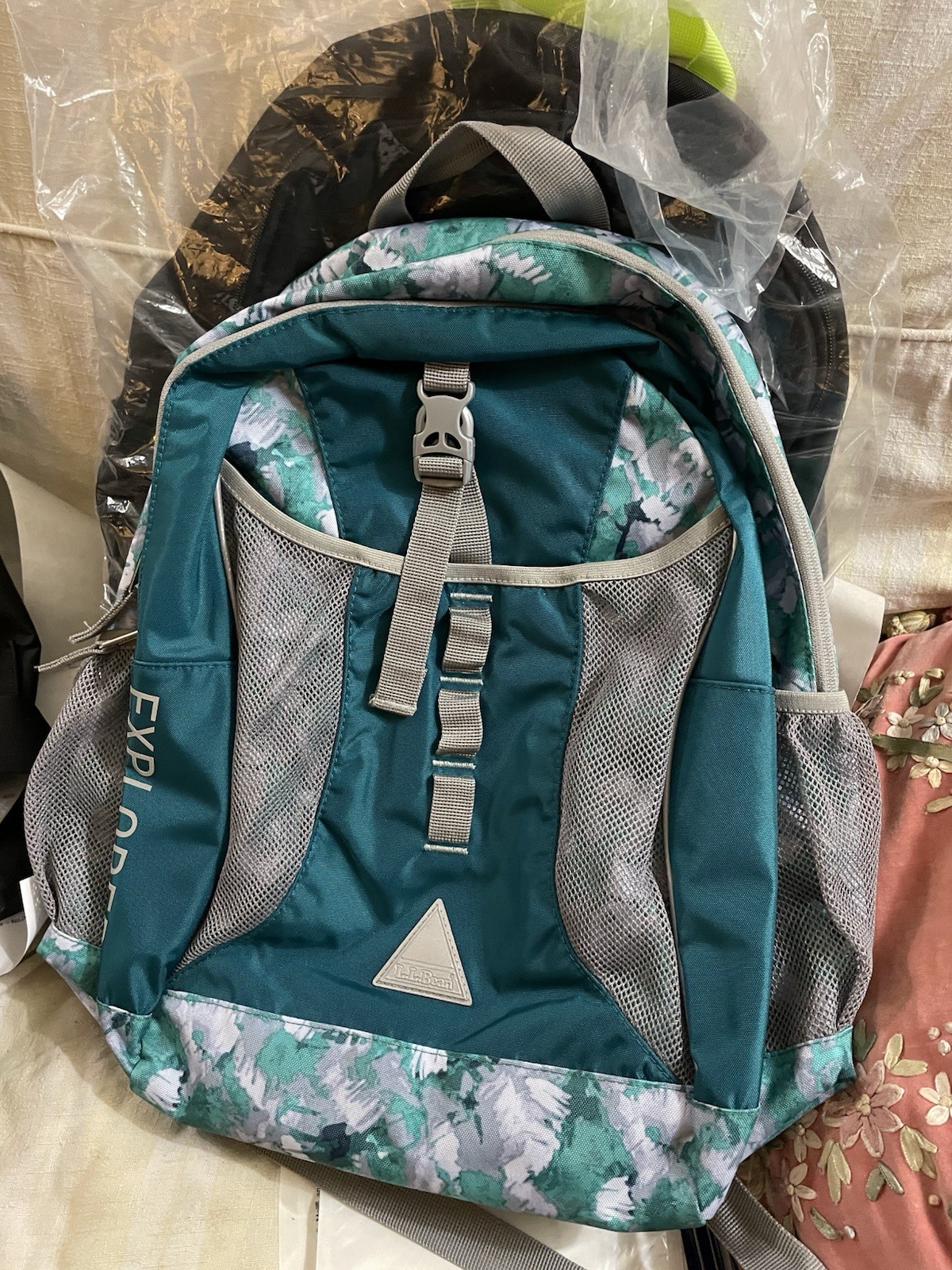 LL Bean Explorer Backpack in Teal Gray Camo Pattern
