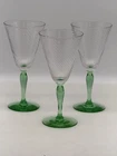3 Hand Blown Vaseline Swirl Optic Wine Glass Water Goblet Depression Glass
