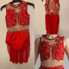 Custom Glamorous solo dance costume red mesh rhinestone embellished lyrical LC