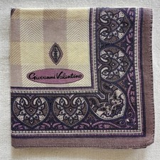 Vintage Handkerchief Cotton Yellow Tartan Border Purple Damask Pocket Square 18"