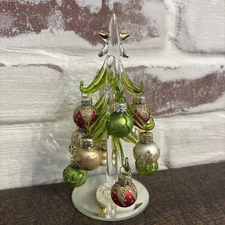 LS Arts Green Glass 6" Christmas Tree w/ 12 Multicolored Removable Ornaments EUC