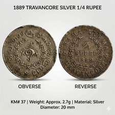 India - Travancore: 1/4 Rupee - Silver 1889 - VF-XF