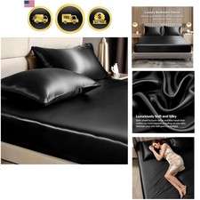 Satin Queen Fitted Sheet  Pillowcase Set - 3-Piece Luxury Soft Silk-Like wit...
