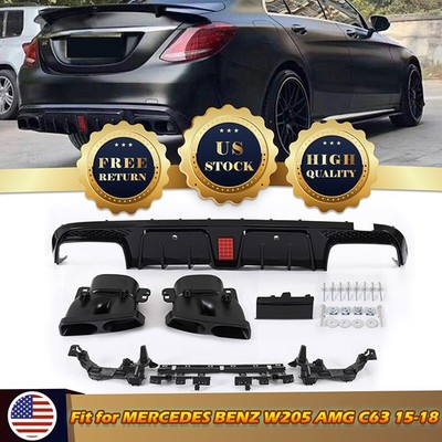 Gloss Black For Benz W205 C63 Sedan Rear Bumper Diffuser Lip W/Exhaust 2015-2021