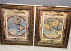 2-  World Maps Gary Elizabeth East West Hemisphere Framed Matted Glass Glazed