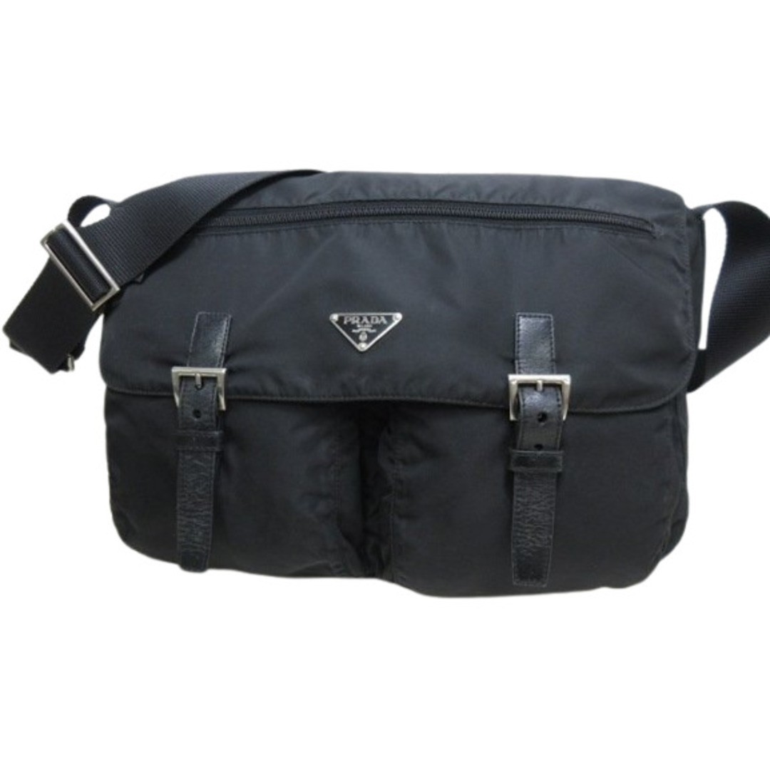 RARE PRADA Black Nylon Leather Unisex Shoulder Bag with Triangle Logo