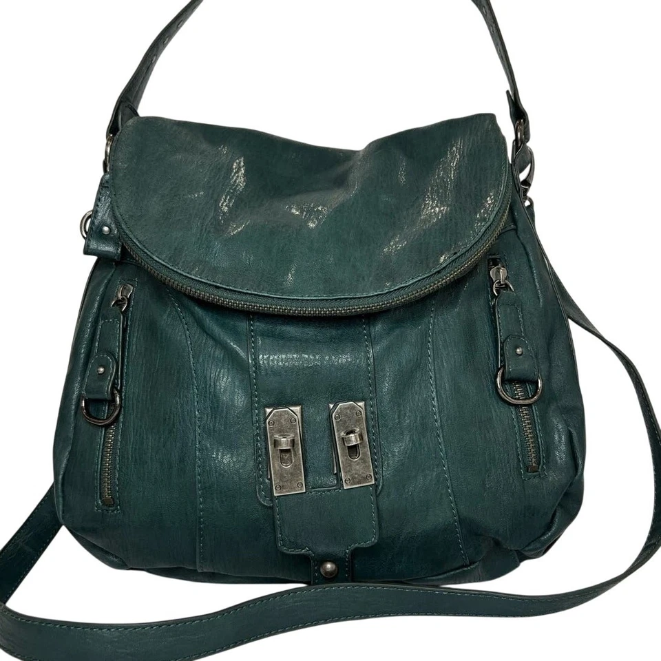 Jessica Simpson Large Green Faux Leather Shoulder Tote Handbag Purse Silver