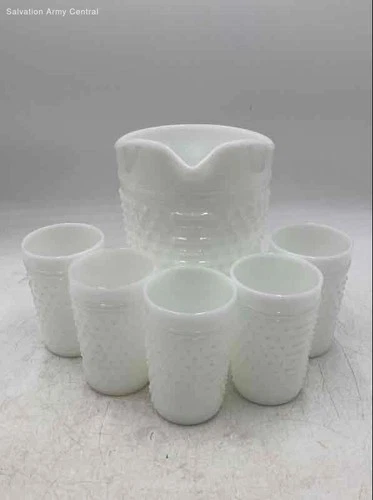 Vintage Anchor Hocking White Milk Glass Hobnail Pitcher And Glasses Set Lot Of 6