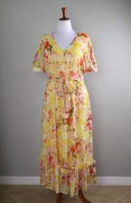 CALVIN KLEIN $139 Ikat Floral Belted Lined Ruffle V-Neck Maxi Dress Size 12