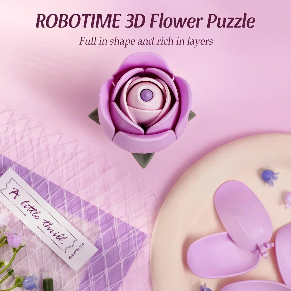ROBOTIME 3D Puzzle Plastic Flowers Artificial Flowers Purple Rose Gift for Women - Image 4 of 4