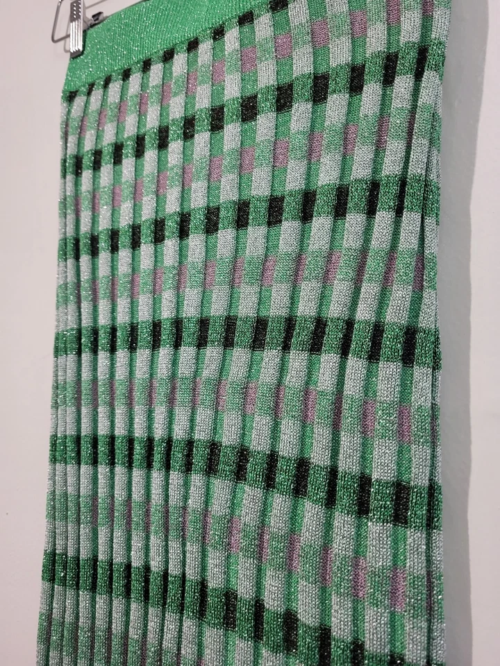 Mango MNG Lurex Knitted Striped Metalic Midi Skirt Green Black Silver XSMALL - Image 3 of 4