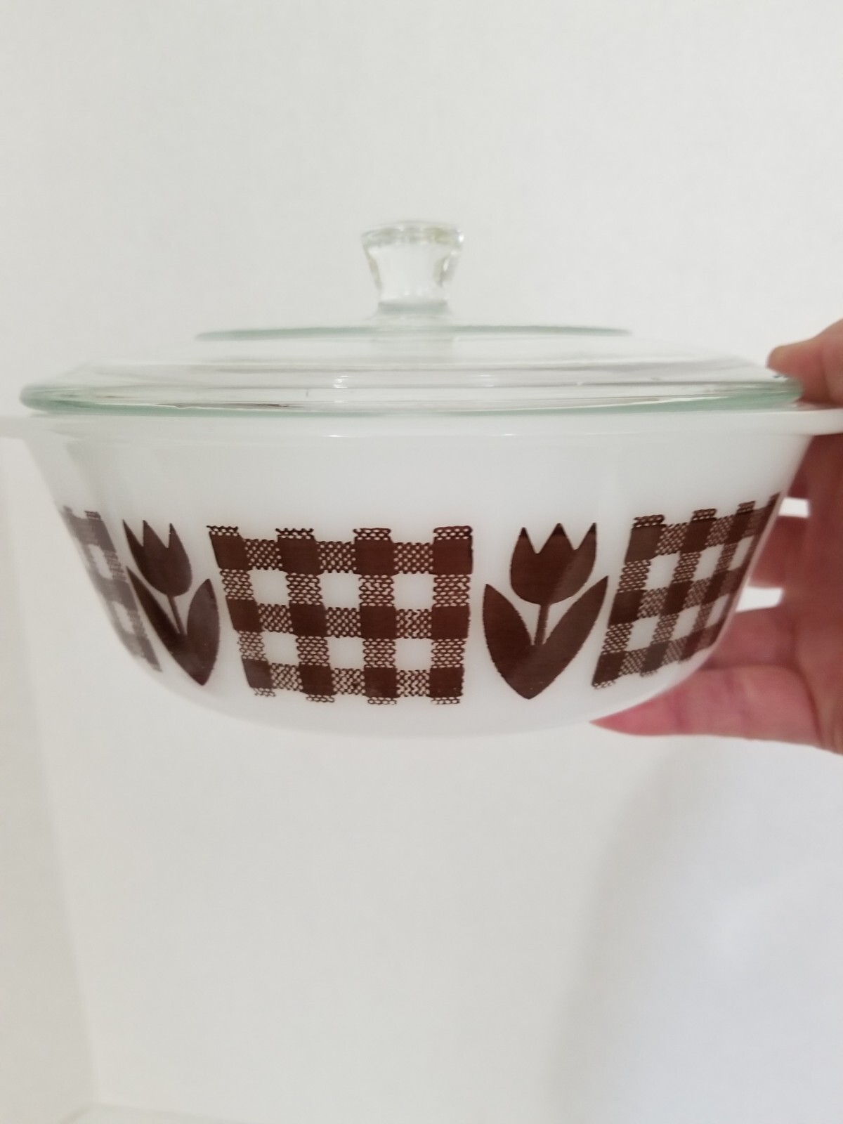 Vintage 1 Qt. Glass Casserole dish With Lid Brown Plaid and Tulip Pattern...