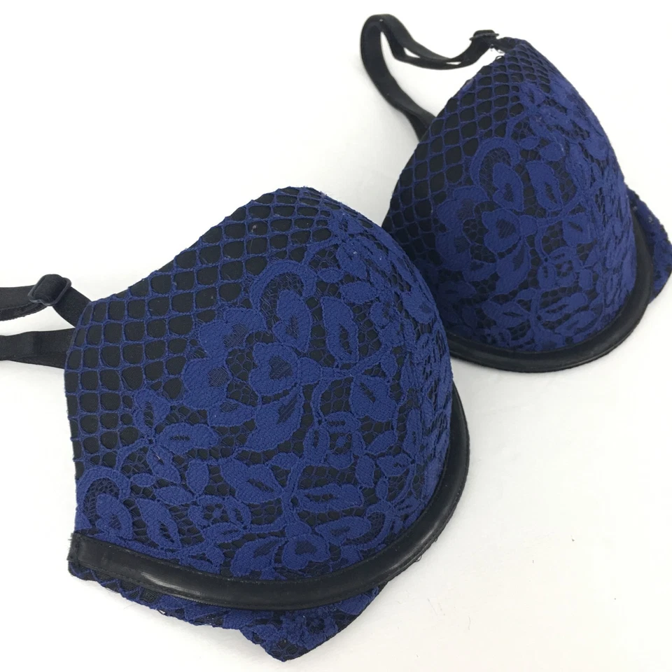 Y2K Victoria's Secret Very Sexy Balconet Push-Up Bra Black Blue Lace 32D - Image 2 of 4