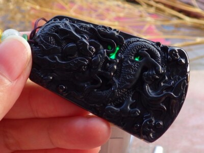 Certified Black Green Natural A Burma Jade jadeite Pendant Dragon Bead 墨翠 832301