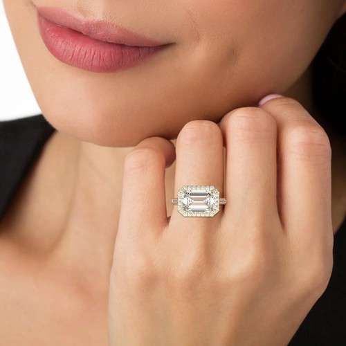 Emerald Labgrown Diamond East West Halo Engagement Ring 14k Yellow Gold 5 Ct - Picture 6 of 23