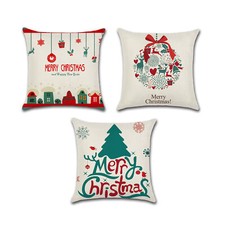 Set of 3 Pillow Covers 18x18, Christmas Design Cotton Linen Fabric