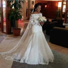 Elegant Long Sleeves Mermaid Wedding Dresses Lace Appliques Plus Size BridalGown