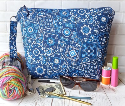 Knitting Crochet Project Bag Yarn Storage Blue Bandana Tote Wrist Keychain Gift