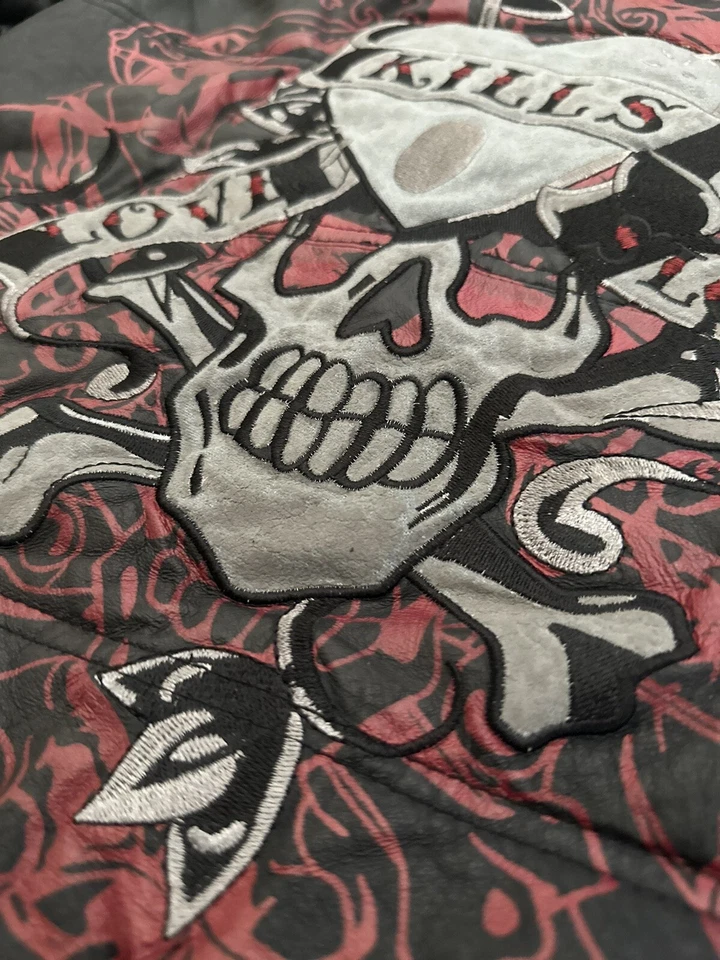 Auténtica RARA Chaqueta de Motociclista Acolchada de Cuero Ed Hardy Para Hombres Talla Pequeña Foto 4 de 4