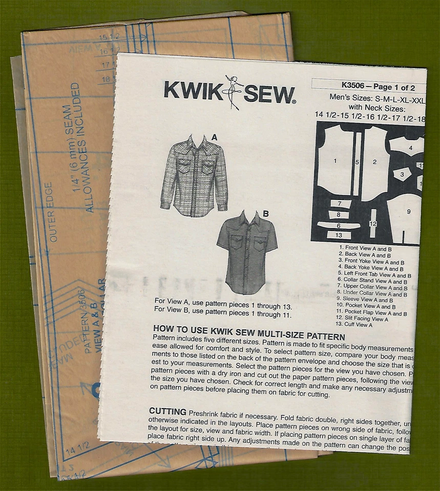 Men's Western Shirts Sewing Pattern~Long or Short Sleeves (S-XXL) Kwik Sew 3506 - Image 4 of 4