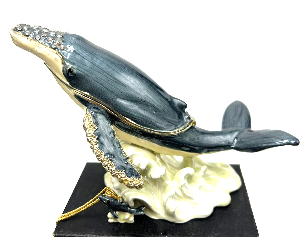 Humpback Whale Enamel Jeweled Trinket Box with 16-Inch Necklace