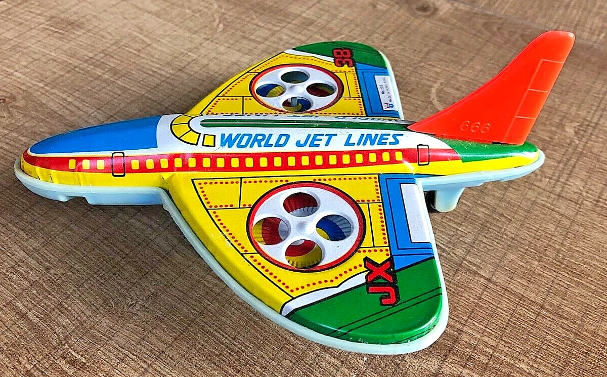 Jouet Ancien TOMY à Friction - Avion De Chasse Biplan En Tôle - Bel État (Fonctionne)