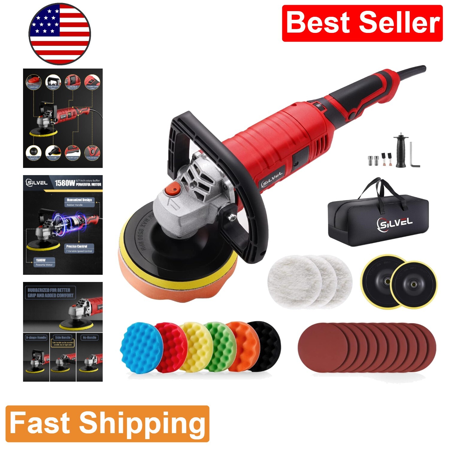 Rotary Buffer Polisher - 1600W - 7 Variable Speed - Car, Boat Sanding, Polishing