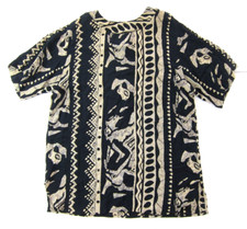 Vintage Carole Little Rayon Black Ivory Abstract Aztec Tunic Smock Blouse 14