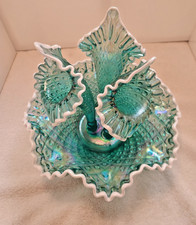 Vintage Fenton Art Glass Blue Opalescent Hobnail Epergne Vase 3 Horn # 73 of 500