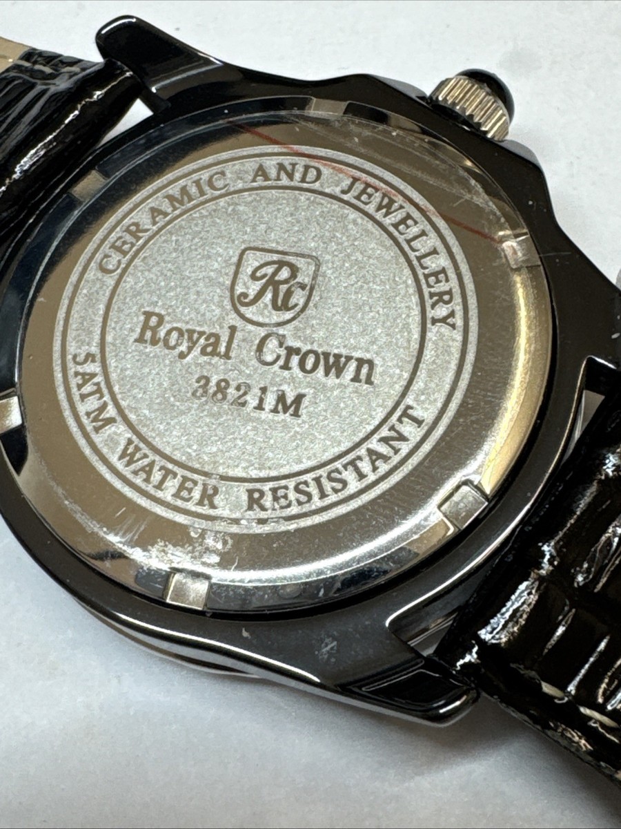 Royal Crown Full Cz Set Strap Watch.Black Ceramic Case Leather Stp