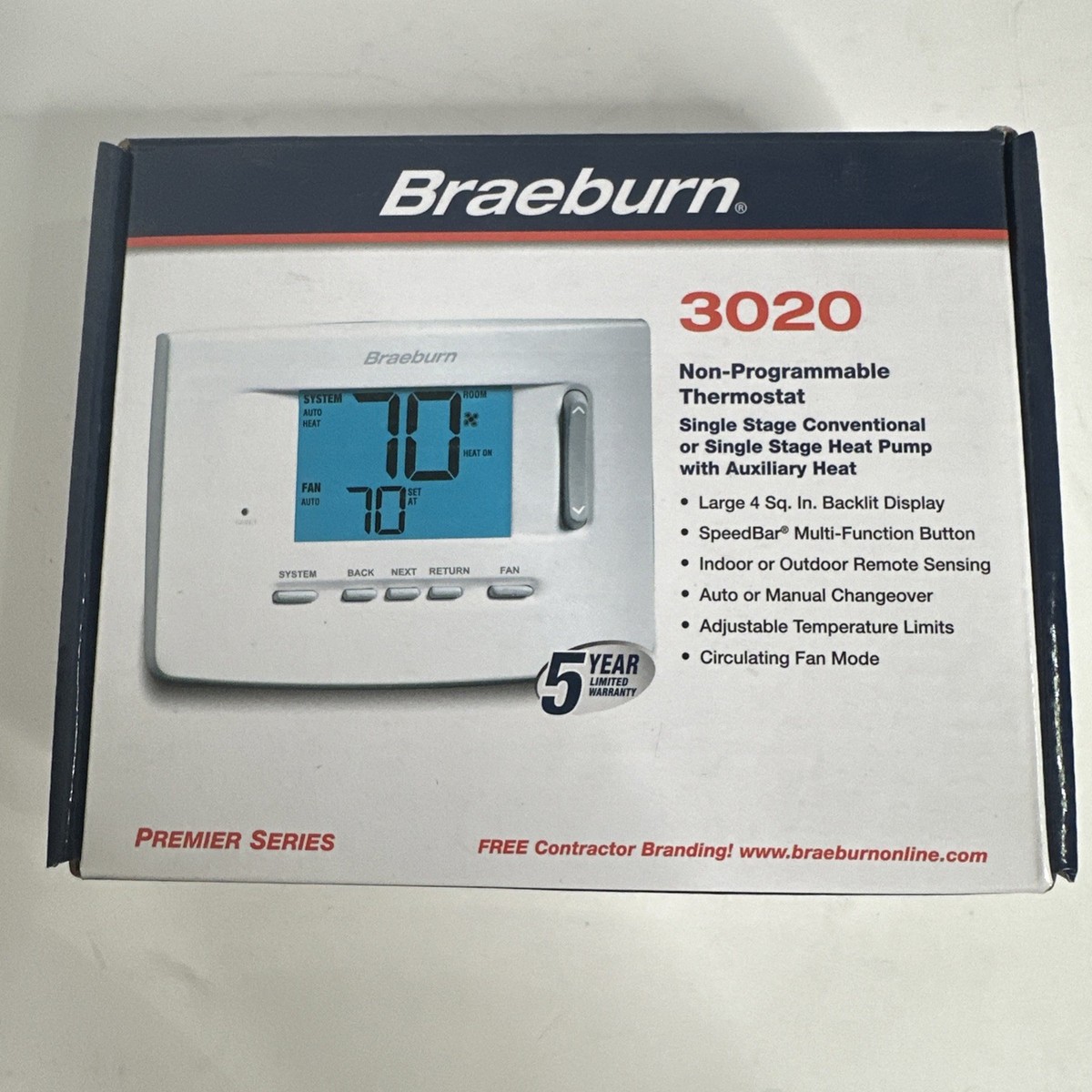 Braeburn Thermostat Non-Programmable 1H/1C White 3020 for sale