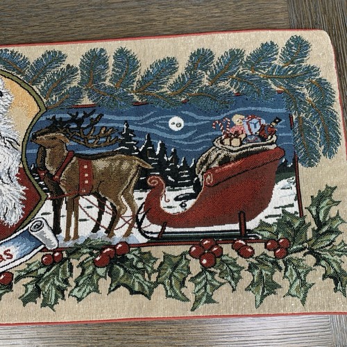 “A Merry Christmas” Tapestry Santa Sleigh Reindeer Holly Table Runner 13" X 36" - Picture 3 of 11