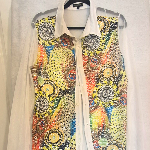 Mission women blouse size L multicolor white sheer mesh sequin button collared