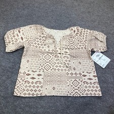 Blusa para mujer Lucky Brand pequeña beige geométrica cuello redondo manga abullonada muestra