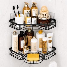 Black Corner Shower Caddy, Rustproof Organizer with Soap Holder 8 Hooks