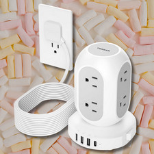 Surge Protector Power Strip Tower Flat Plug Extension Cord 10 Ft with 8 Outlets