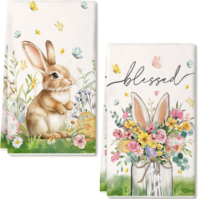 GEEORY Easter Kitchen Towels Set of 2,18X26 Inch Vase Dish Cloths -Beige Bunny &