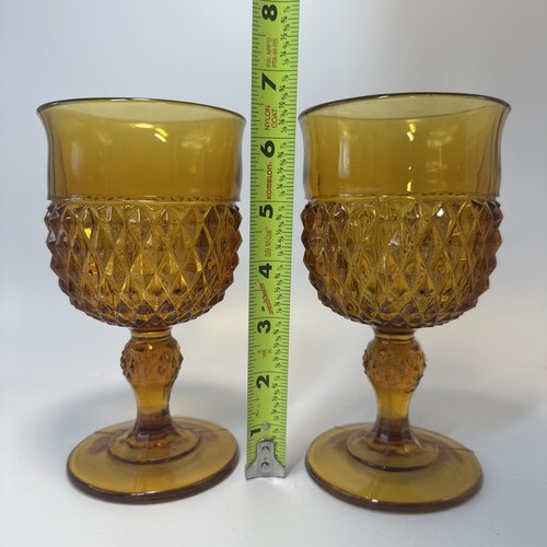 #S15-Vintage Indiana Amber Glass Goblets Diamond Point Set of 2 - Picture 4 of 4