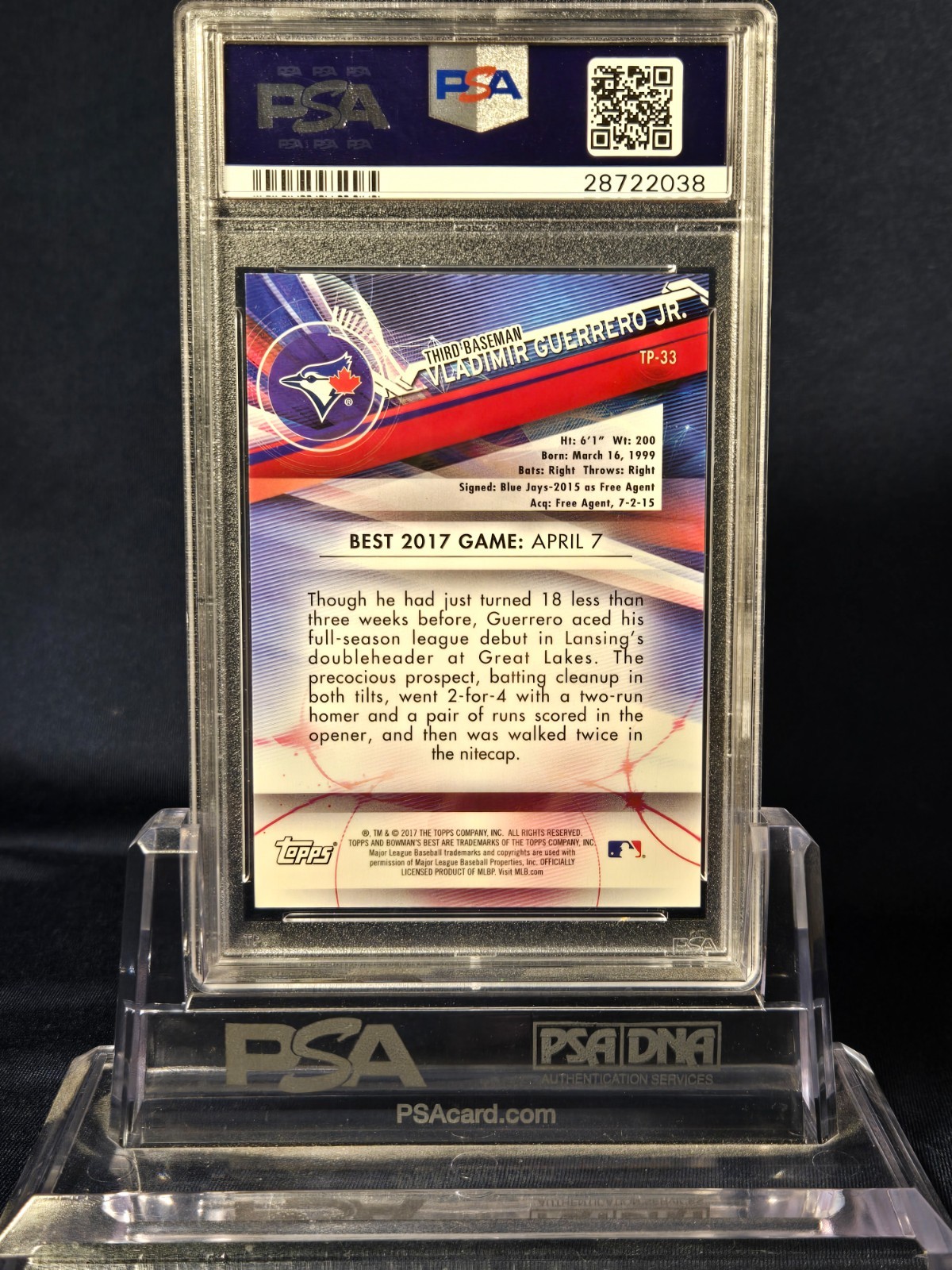 2017 BOWMAN’S BEST BLUE REFRACTOR VLADIMIR  GUERRERO JR #TP-33 PSA 10 32/150!!! view 2