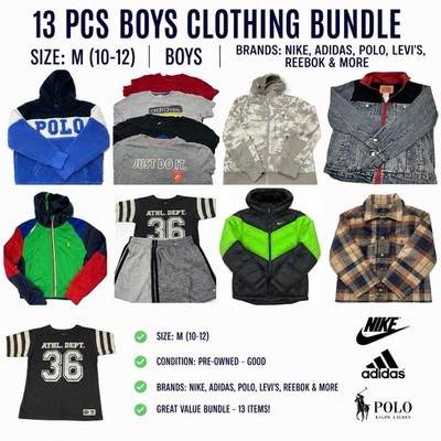 13 Pc Boys Clothing Lot Size M (10-12) Nike Polo Adidas Levi s Reebok Jackets