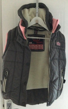 SUPERDRY Alpine Sport Women's  Sherpa Gilet MEDIUM Removable Hood Grey Pink FAB