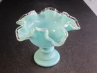 Fenton Blue Turquoise Opaline Silver Crest Ruffled Crimped Top Candle Holder