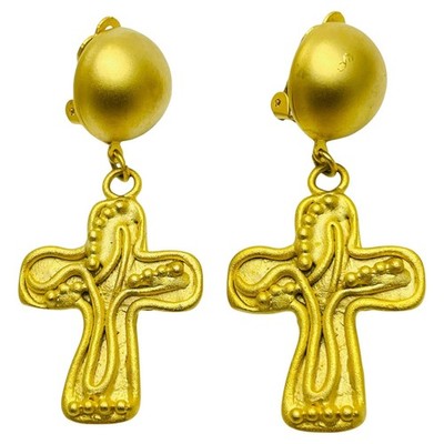 Vintage NORMA JEAN signed matte gold cross dangle designer clip on earrings