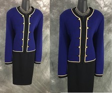 BEAUTIFUL St John collection jacket knit blue Black jacket skirt suit size 14