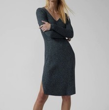 Athleta Sweater Dress Reverie Blue Marled Ribbed Knit V Neck Long Sleeve Size L
