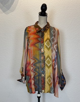 John Mark Size 3X Floral Roll-Tab Sleeve southwestern-inspired multi-print NWT