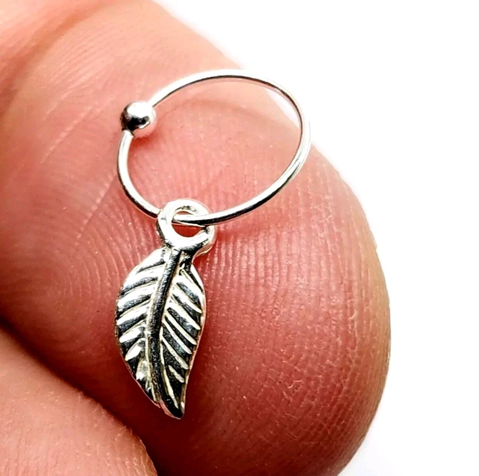 Anello naso piuma orecchino cerchio tragus elica etnico argento sterling 925 ... - Immagine 4 di 4