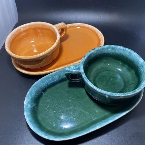 2 Vintage Hull Pottery Tangerine & Green Drip Soup Bowl Sandwich Snack Tray